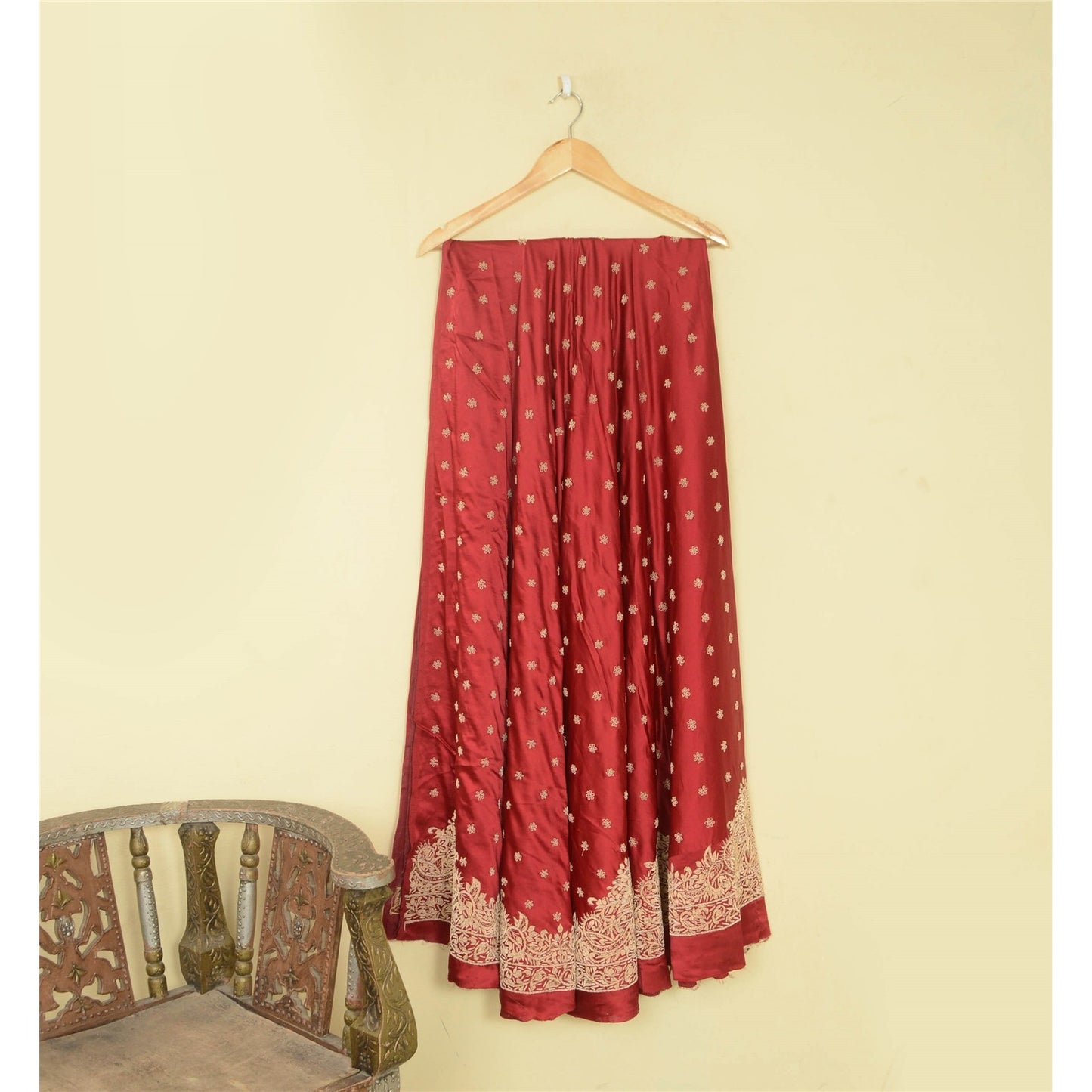 Sanskriti New Red Satin Silk Unstitched Wedding Lehenga Hand Embroidered Zardozi