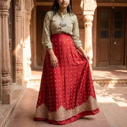 Sanskriti New Red Satin Silk Unstitched Wedding Lehenga Hand Embroidered Zardozi