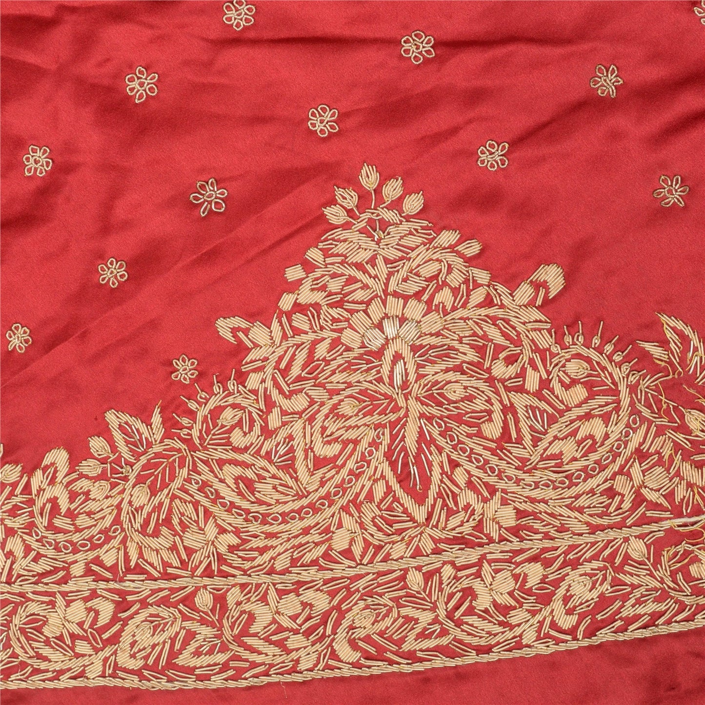 Sanskriti New Red Satin Silk Unstitched Wedding Lehenga Hand Embroidered Zardozi