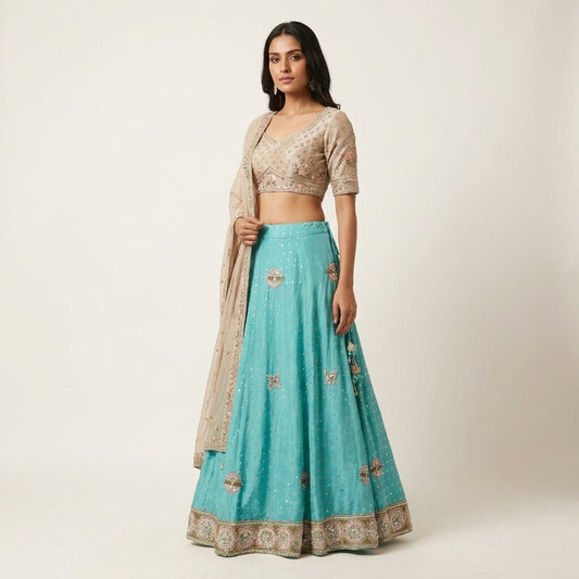 Sanskriti Vintage Blue Pure Georgette Silk Stitched Lehenga Hand Beaded Sequins
