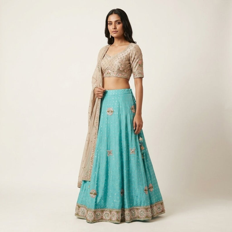 Sanskriti Vintage Blue Pure Georgette Silk Stitched Lehenga Hand Beaded Sequins