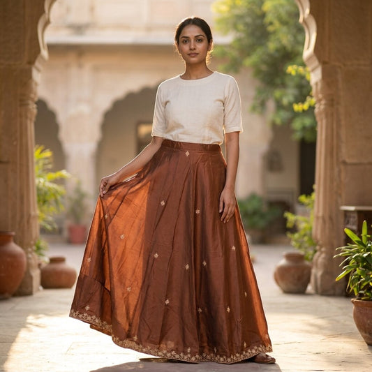 Sanskriti Vintage Brown Pure Silk Stitch Indian Lehenga Hand Embroidered Zardozi