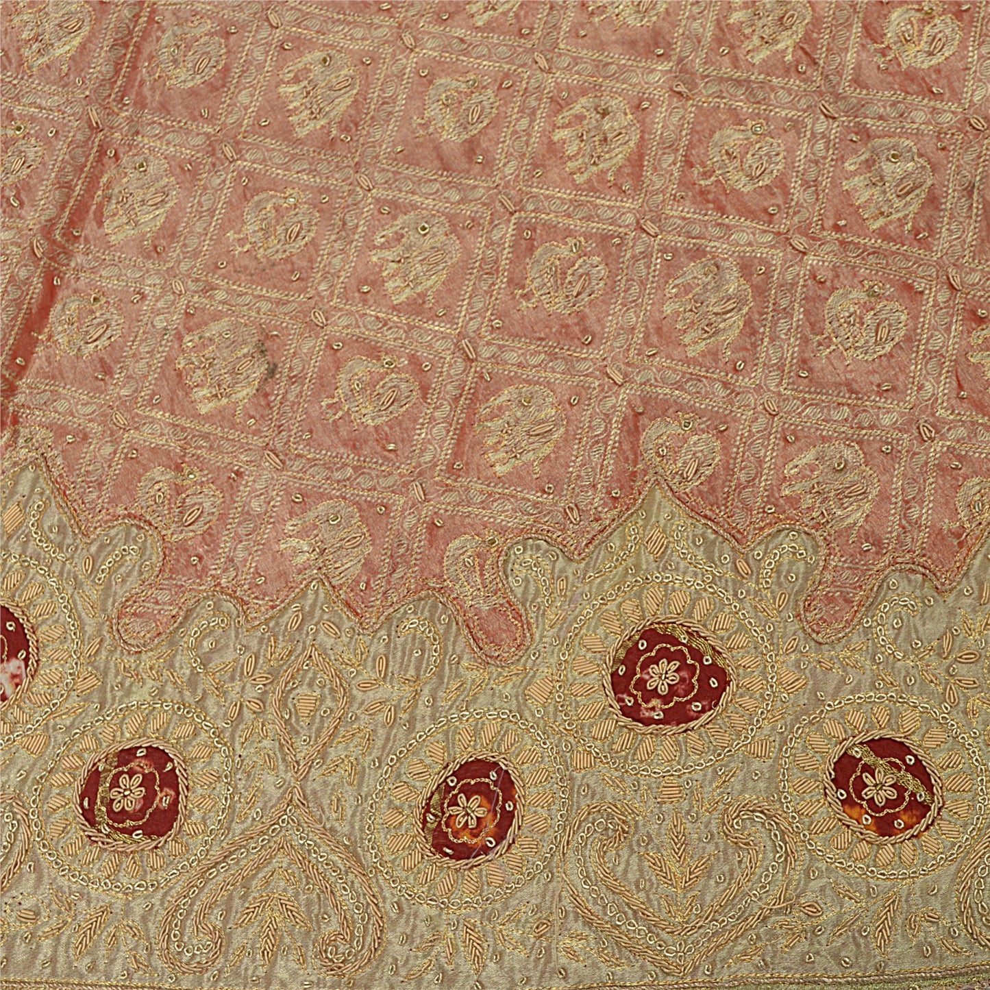 Sanskriti Vintage Peach Tissue Stitch Lehenga Hand Embroidered Zardozi Gharchola