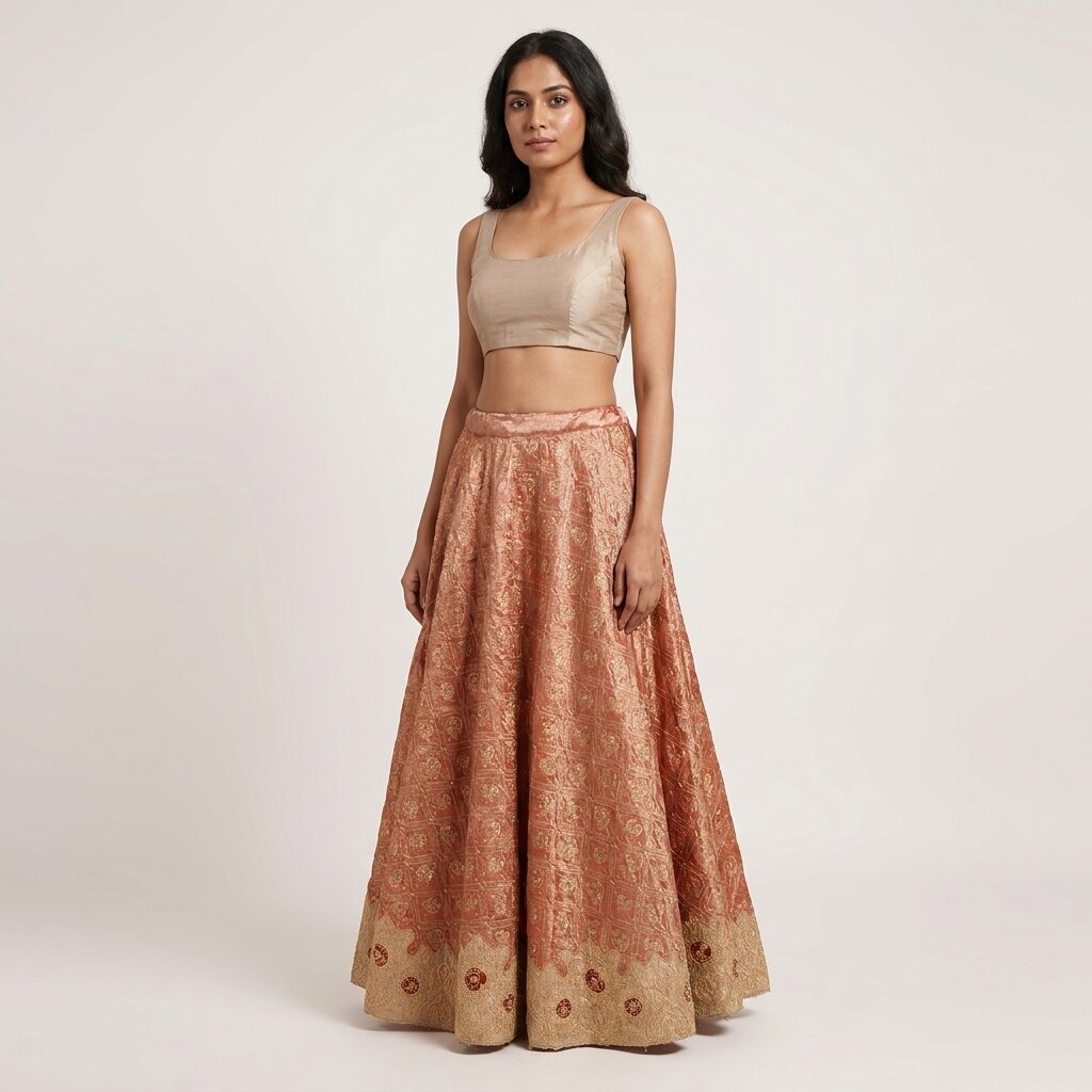 Sanskriti Vintage Peach Tissue Stitch Lehenga Hand Embroidered Zardozi Gharchola
