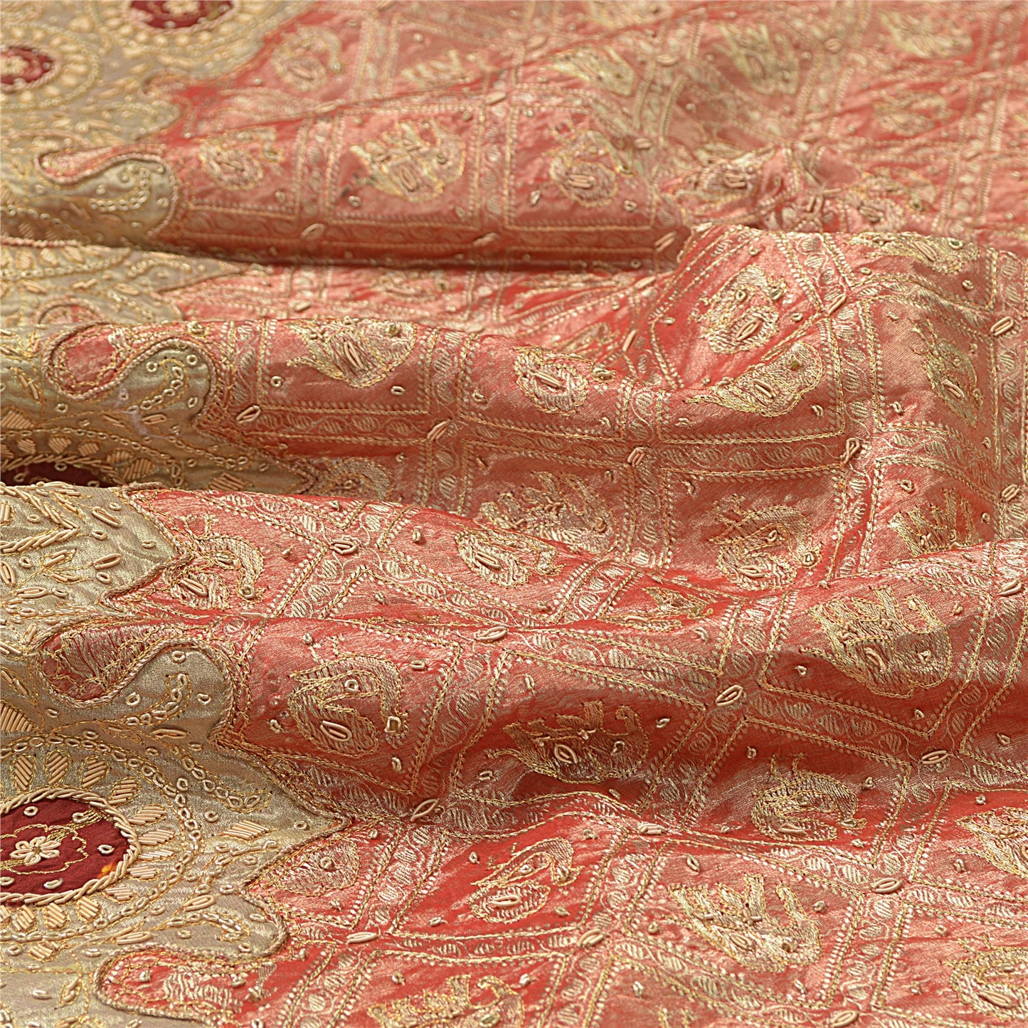 Sanskriti Vintage Peach Tissue Stitch Lehenga Hand Embroidered Zardozi Gharchola