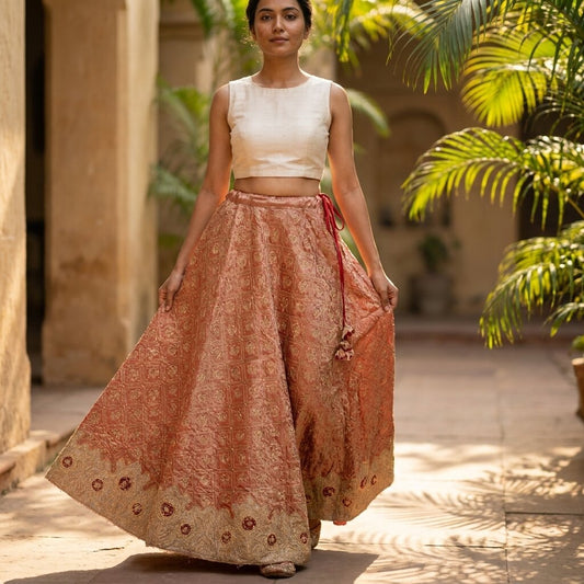 Sanskriti Vintage Peach Tissue Stitch Lehenga Hand Embroidered Zardozi Gharchola