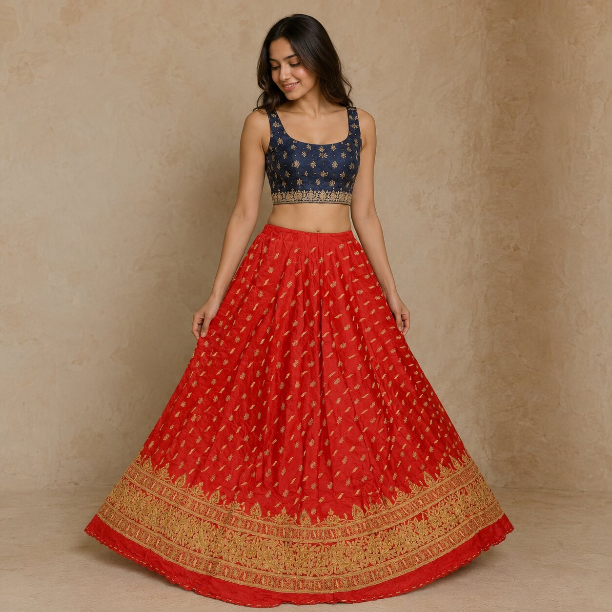 Sanskriti New Red Pure Silk Unstitched Wedding Lehenga Hand Embroidered Zardozi