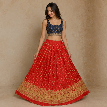 Sanskriti New Red Pure Silk Unstitched Wedding Lehenga Hand Embroidered Zardozi