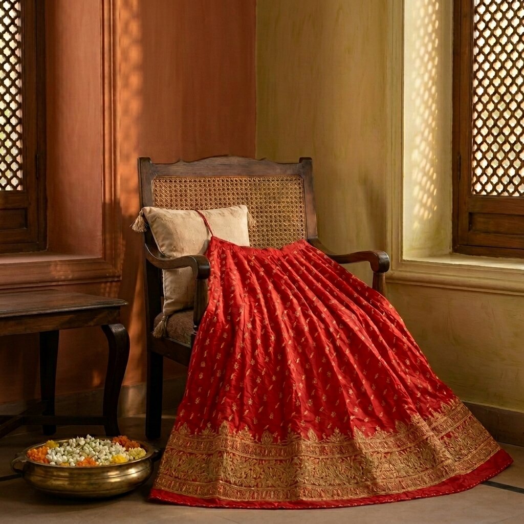 Sanskriti New Red Pure Silk Unstitched Wedding Lehenga Hand Embroidered Zardozi