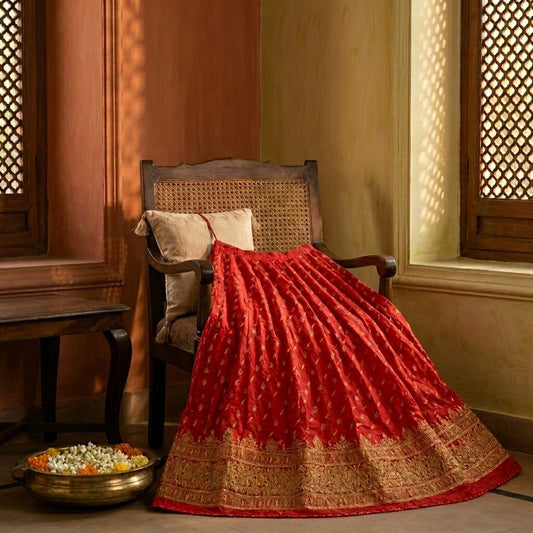 Sanskriti New Red Pure Silk Unstitched Wedding Lehenga Hand Embroidered Zardozi