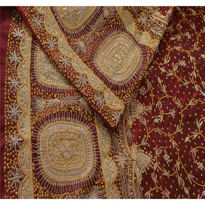 Sanskriti New Maroon Pure Silk Unstitched Indian Lehenga Hand Embroidery Zardozi