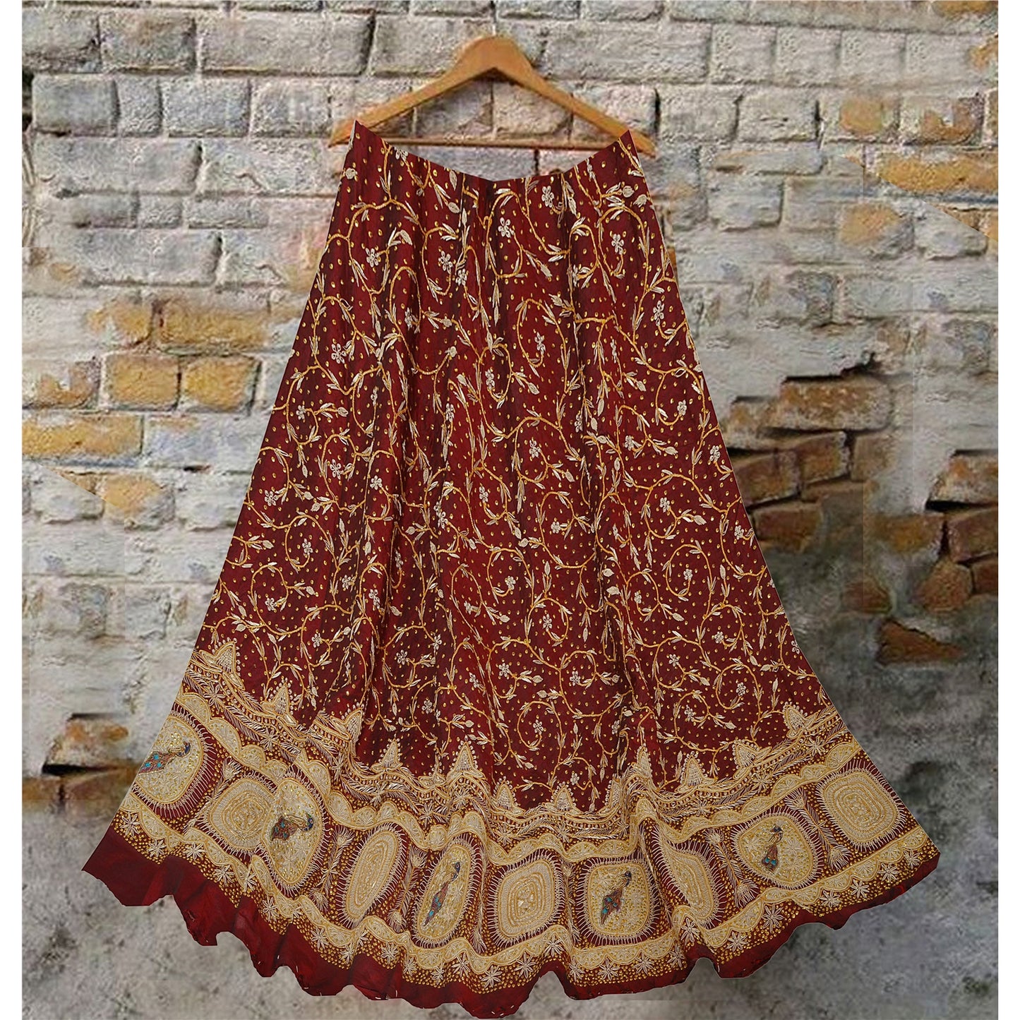 Sanskriti New Maroon Pure Silk Unstitched Indian Lehenga Hand Embroidery Zardozi