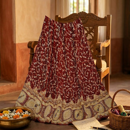 Sanskriti New Maroon Pure Silk Unstitched Indian Lehenga Hand Embroidery Zardozi
