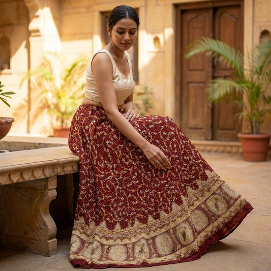 Sanskriti New Maroon Pure Silk Unstitched Indian Lehenga Hand Embroidery Zardozi