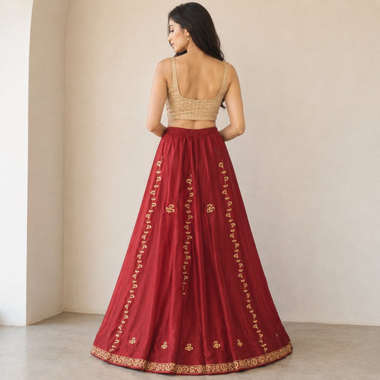 Sanskriti New Red Pure Silk Unstitched Wedding Lehenga Hand Embroidered Zardozi