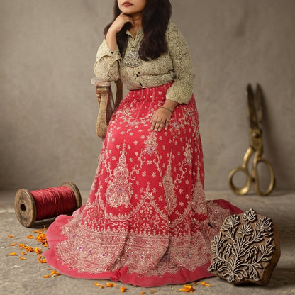 Sanskriti New Pink Georgette Unstitch Bollywood Lehenga Hand Embroidered Zardozi