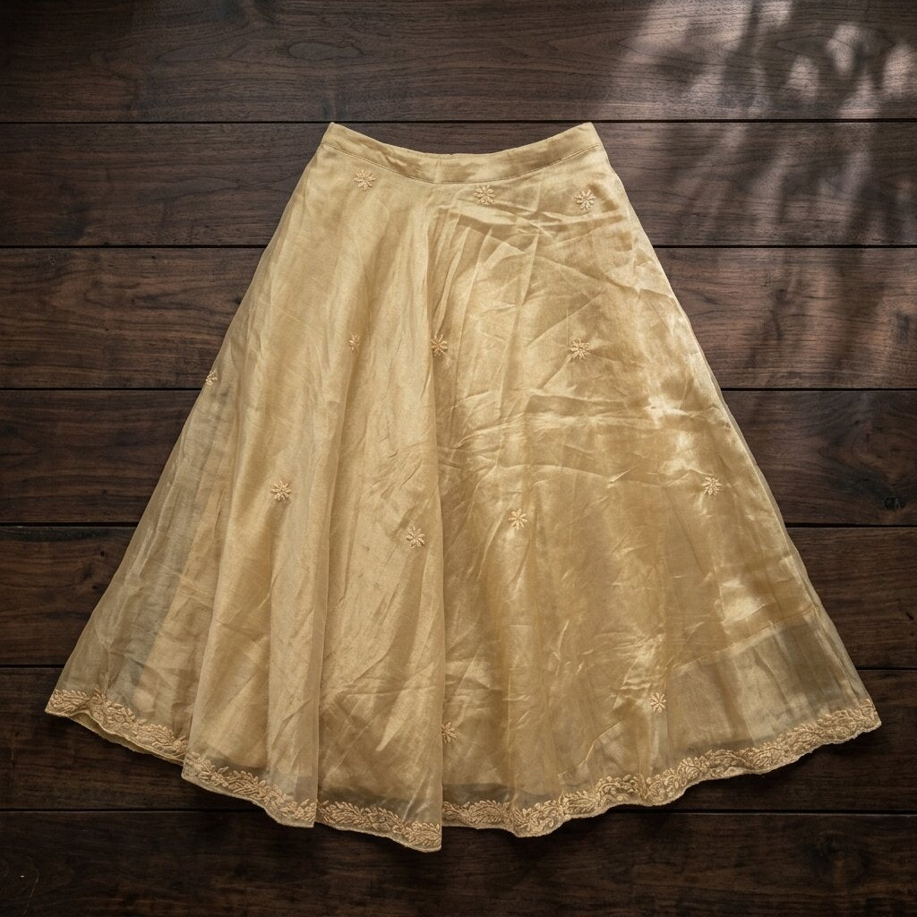 Sanskriti Vintage Golden 100% Pure Silk Stitched Lehenga Hand Embroidery Zardozi