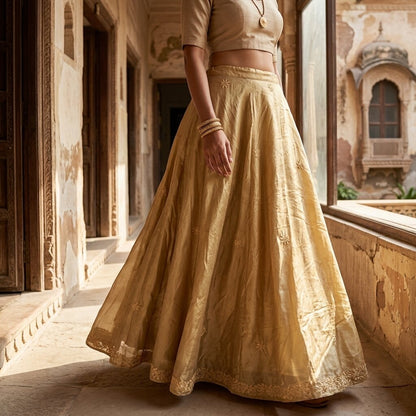 Sanskriti Vintage Golden 100% Pure Silk Stitched Lehenga Hand Embroidery Zardozi