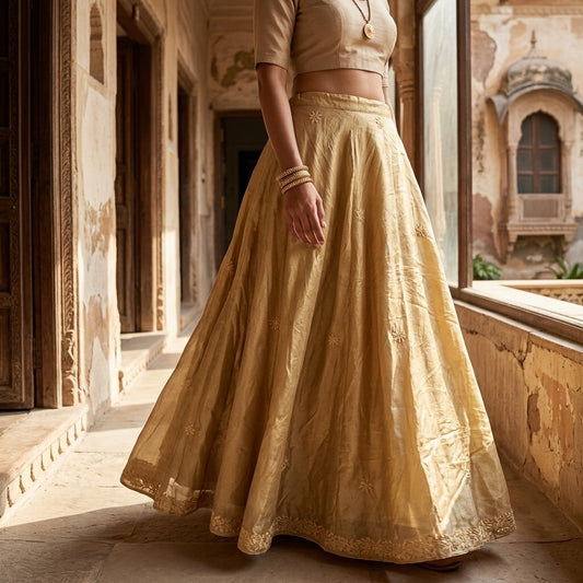Sanskriti Vintage Golden 100% Pure Silk Stitched Lehenga Hand Embroidery Zardozi