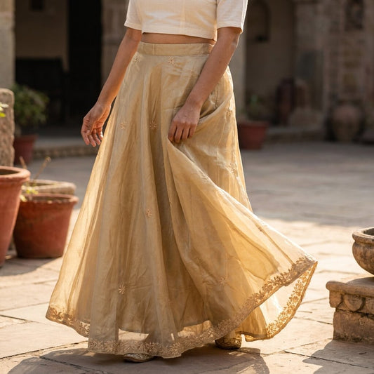 Sanskriti Vintage Golden 100% Pure Silk Stitched Lehenga Hand Embroidery Zardozi