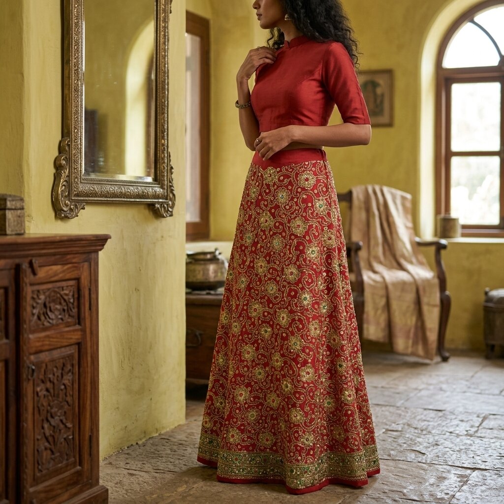 Sanskriti New Red Pure Silk Unstitched Bollywood Lehenga Hand Embroidery Zardozi