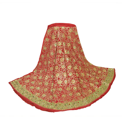 Sanskriti New Red Pure Silk Unstitched Bollywood Lehenga Hand Embroidery Zardozi