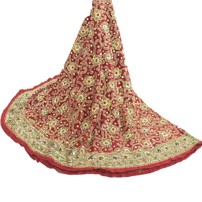 Sanskriti New Red Pure Silk Unstitched Bollywood Lehenga Hand Embroidery Zardozi