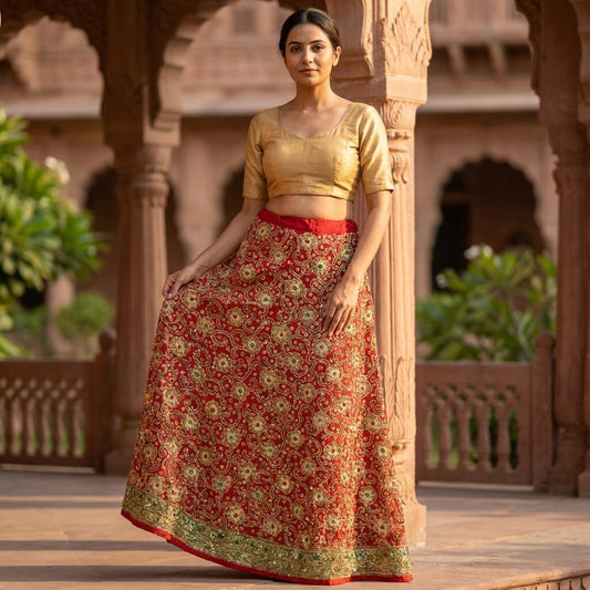 Sanskriti New Red Pure Silk Unstitched Bollywood Lehenga Hand Embroidery Zardozi