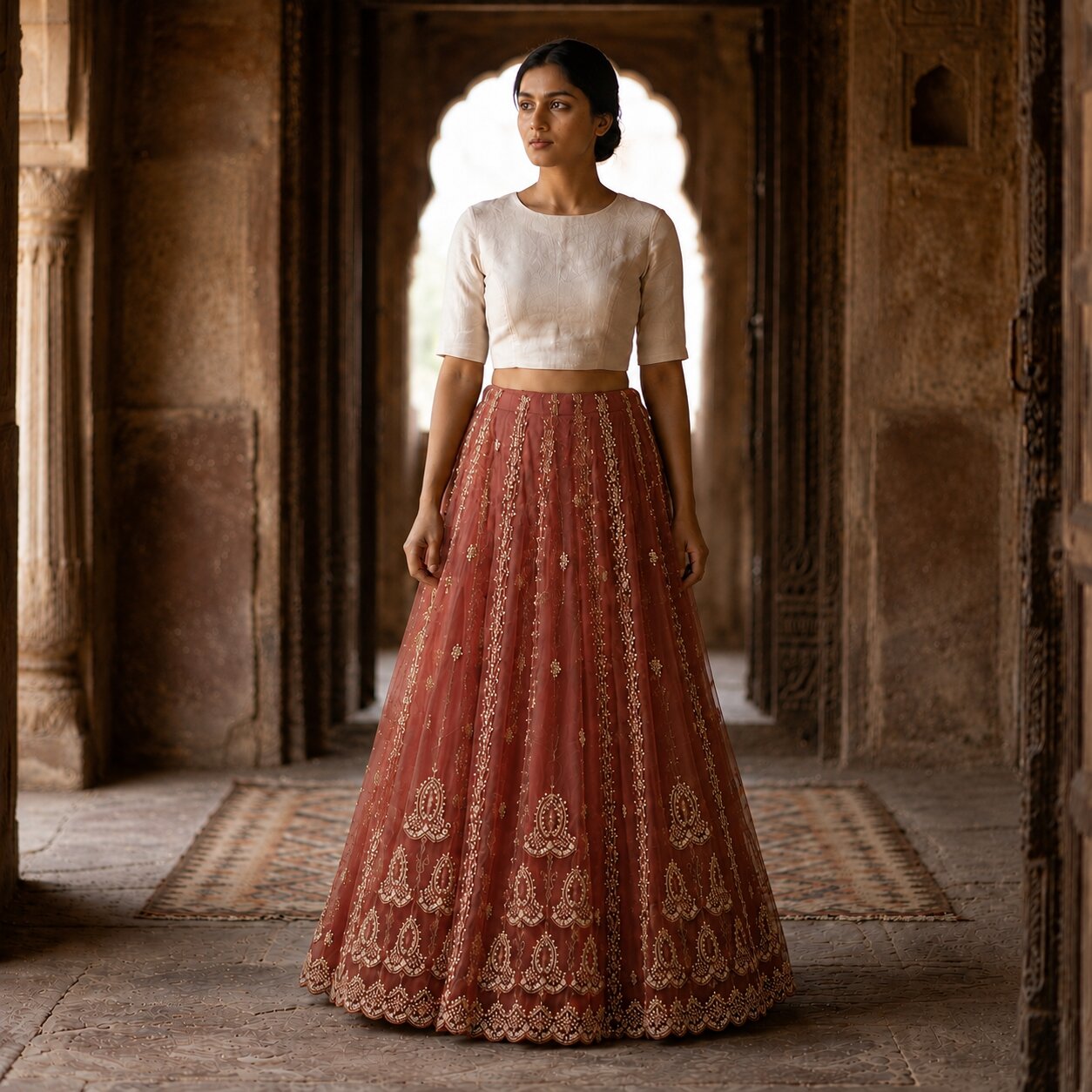 Sanskriti New Red Net Unstitched Bridal Lehenga Hand Embroidered Zardozi-Beaded