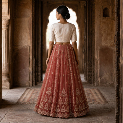Sanskriti New Red Net Unstitched Bridal Lehenga Hand Embroidered Zardozi-Beaded