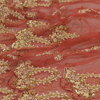 Sanskriti New Red Net Unstitched Bridal Lehenga Hand Embroidered Zardozi-Beaded