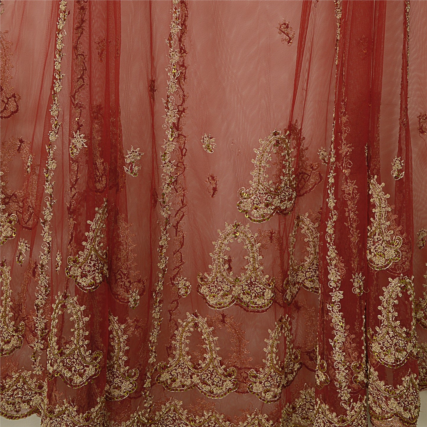 Sanskriti New Red Net Unstitched Bridal Lehenga Hand Embroidered Zardozi-Beaded