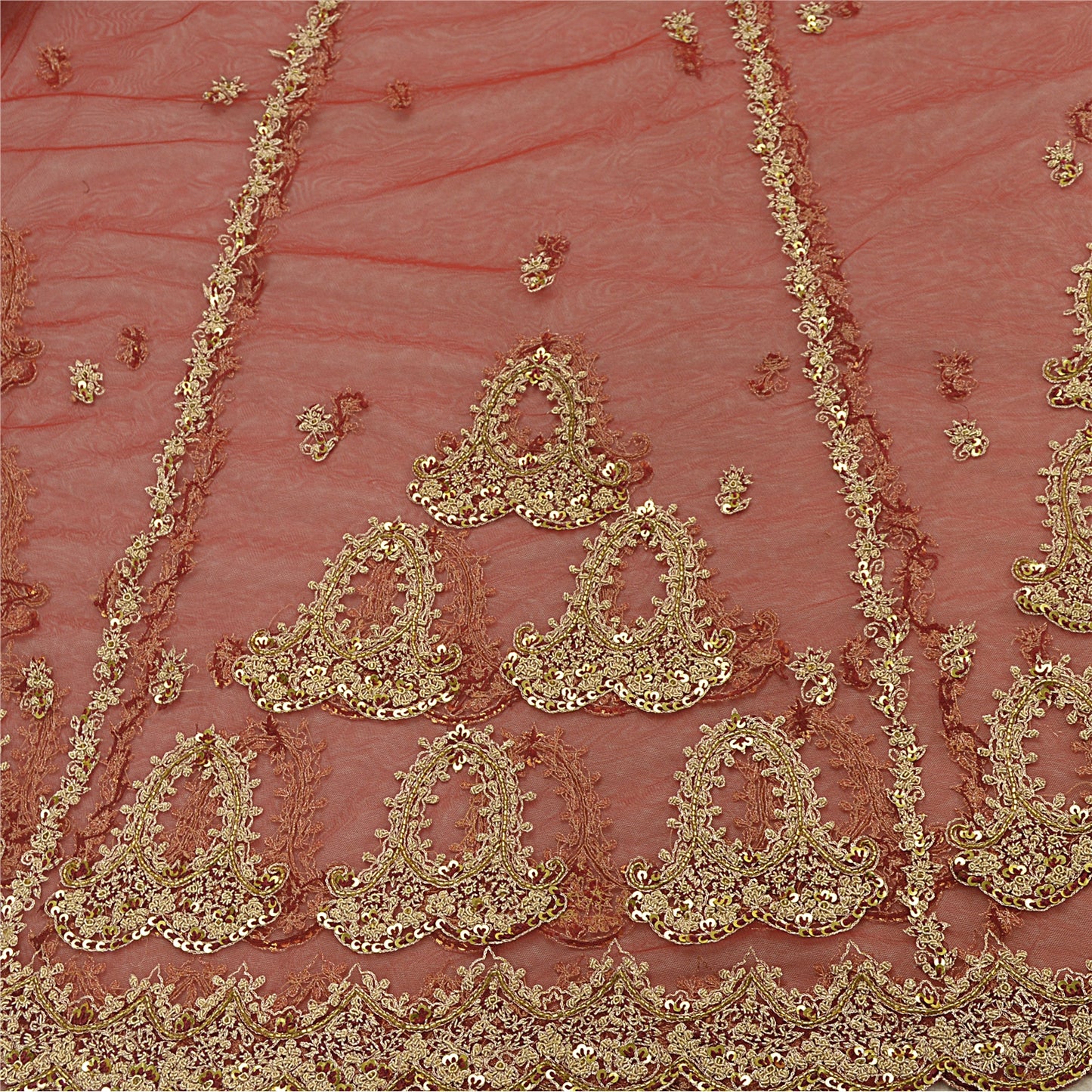 Sanskriti New Red Net Unstitched Bridal Lehenga Hand Embroidered Zardozi-Beaded
