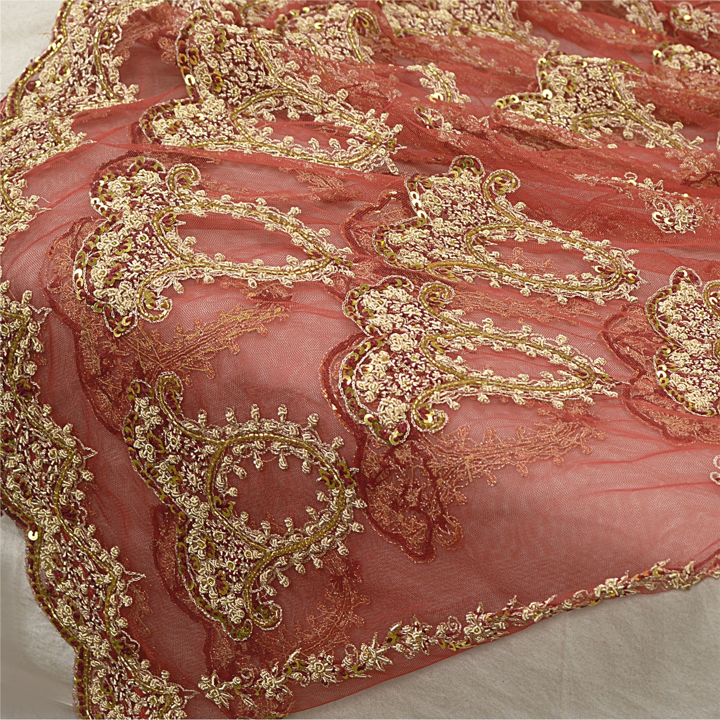 Sanskriti New Red Net Unstitched Bridal Lehenga Hand Embroidered Zardozi-Beaded