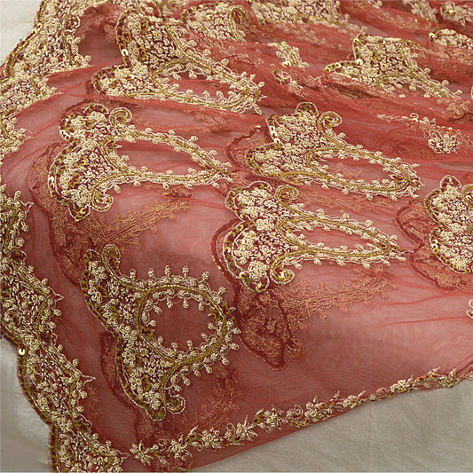 Sanskriti New Red Net Unstitched Bridal Lehenga Hand Embroidered Zardozi-Beaded