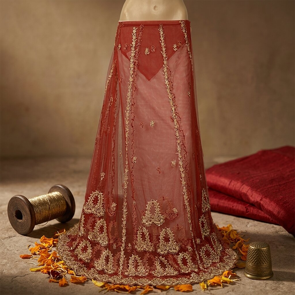 Sanskriti New Red Net Unstitched Bridal Lehenga Hand Embroidered Zardozi-Beaded