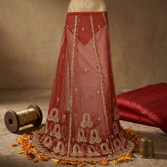 Sanskriti New Red Net Unstitched Bridal Lehenga Hand Embroidered Zardozi-Beaded