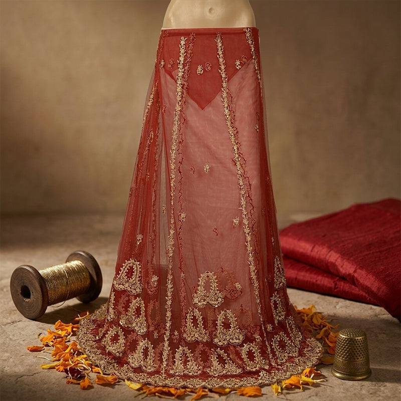 Sanskriti New Red Net Unstitched Bridal Lehenga Hand Embroidered Zardozi-Beaded