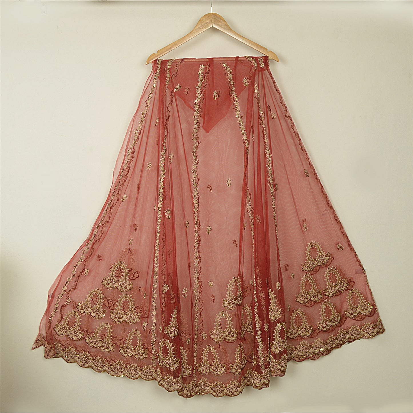 Sanskriti New Red Net Unstitched Bridal Lehenga Hand Embroidered Zardozi-Beaded