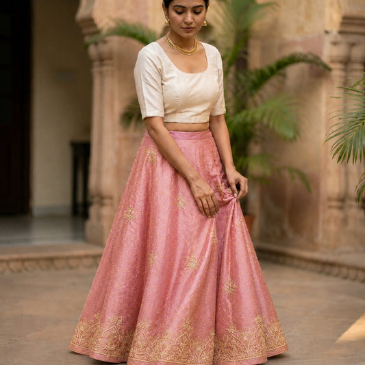 Sanskriti New Pink Pure Silk Unstitched Wedding Lehenga Hand Embroidered Zardozi