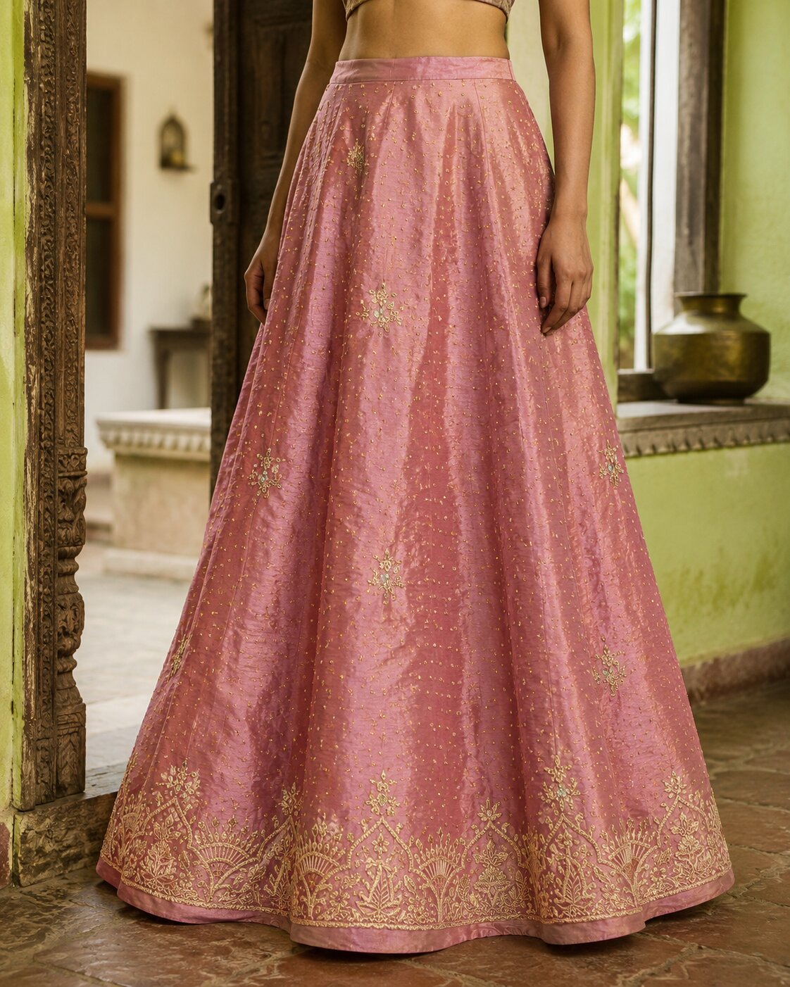 Sanskriti New Pink Pure Silk Unstitched Wedding Lehenga Hand Embroidered Zardozi