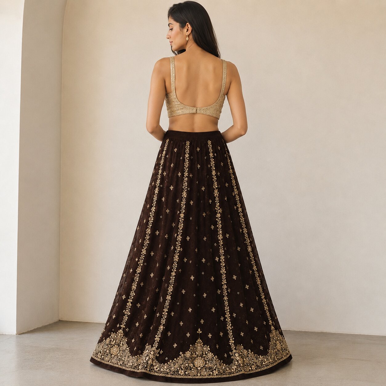 Sanskriti New Brown Net Unstitch Wedding Lehenga Hand Embroidered Zardozi-Beaded