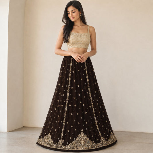 Sanskriti New Brown Net Unstitch Wedding Lehenga Hand Embroidered Zardozi-Beaded
