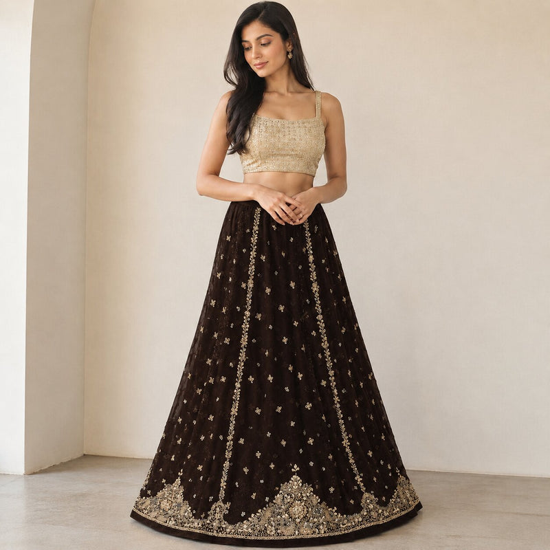 Sanskriti New Brown Net Unstitch Wedding Lehenga Hand Embroidered Zardozi-Beaded