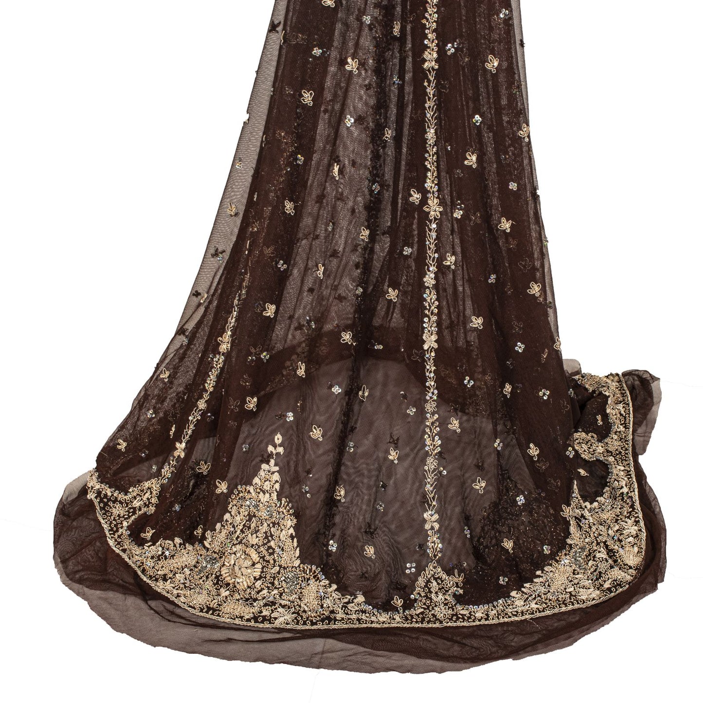 Sanskriti New Brown Net Unstitch Wedding Lehenga Hand Embroidered Zardozi-Beaded