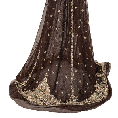 Sanskriti New Brown Net Unstitch Wedding Lehenga Hand Embroidered Zardozi-Beaded