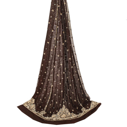 Sanskriti New Brown Net Unstitch Wedding Lehenga Hand Embroidered Zardozi-Beaded
