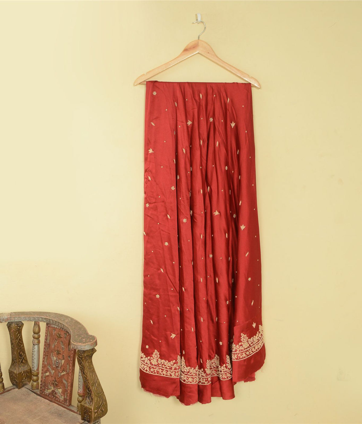 Sanskriti New Hand Embroidered Zardozi Red Pure Satin Unstitched Lehenga Wedding