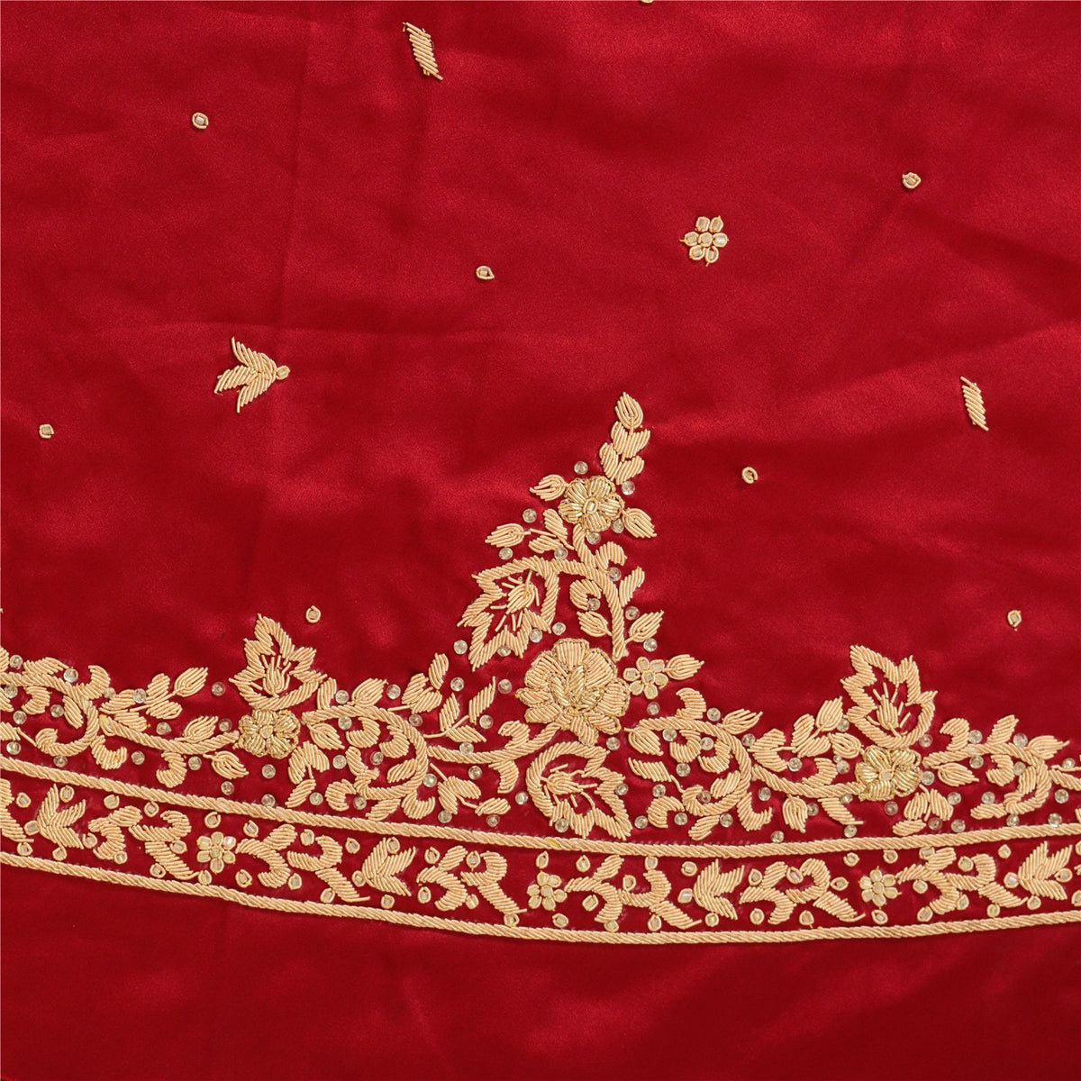 Sanskriti New Hand Embroidered Zardozi Red Pure Satin Unstitched Lehenga Wedding