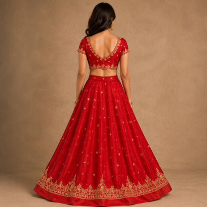 Sanskriti New Hand Embroidered Zardozi Red Pure Satin Unstitched Lehenga Wedding
